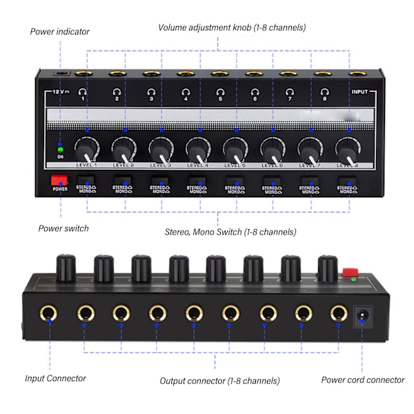 Stereo Hörlursförstärkare 8 Utmatning 1 Ingångskanal Klart Ljud Kompakt Metall Headset Förstärkare för Studio Scen 100‑240V,EU-kontakt