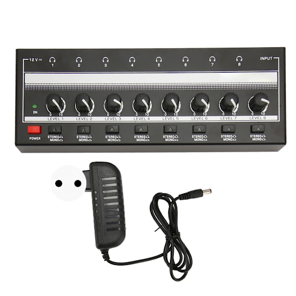 Stereo Hörlursförstärkare 8 Utmatning 1 Ingångskanal Klart Ljud Kompakt Metall Headset Förstärkare för Studio Scen 100‑240V,EU-kontakt
