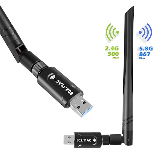 WiFi-stickadapter, 1200M WLAN trådlös AC-adapter Dual Band (2,4G/300Mbps+5,8G/867Mbps), WLAN-stick med antennuttag och avtagbar antenn för Win