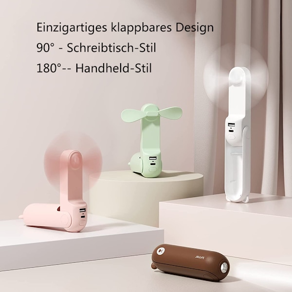 3-i-1 Handhållen fläkt, batteridriven, minfläktar, USB-laddningsbar, liten fickfläkt [14-21 timmars drifttid] med powerbank, ficklampsfunktion, ljus