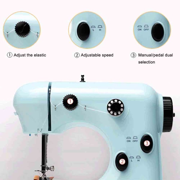 Fotpedal Dubbelhastighetskontrollmaskin med Overlock Symaskin Hushåll Bärbar resesymaskin Lätt att använda för vuxna och barn,