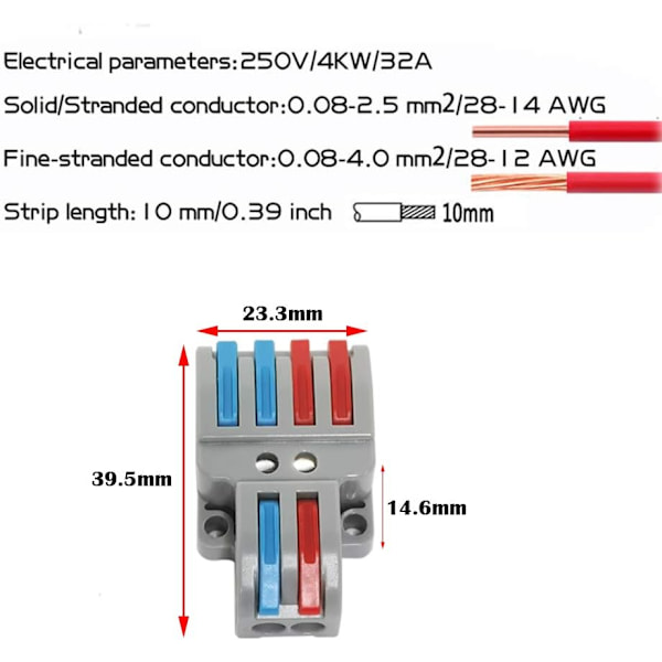 Anslutningsklämmor, 10 st elektriska kontaktdon med manöverspak, kompakt automatisk elektrisk anslutningsklämma, 2 in 4 ut, med montering