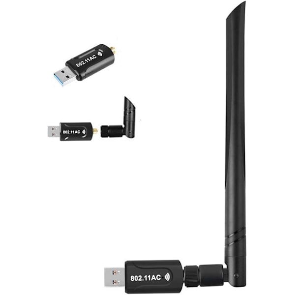 WiFi-stickadapter, 1200M WLAN trådlös AC-adapter Dual Band (2,4G/300Mbps+5,8G/867Mbps), WLAN-stick med antennuttag och avtagbar antenn för Win