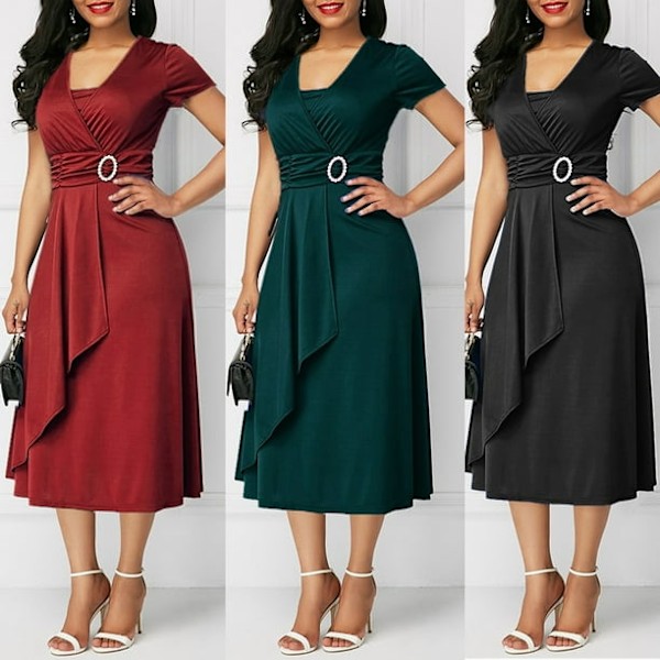 HEVIRGO Plus Size Kvinnor Kortärmad V-hals Asymmetrisk Fåll Midja Tight Midi Festklänning, Svart XXL