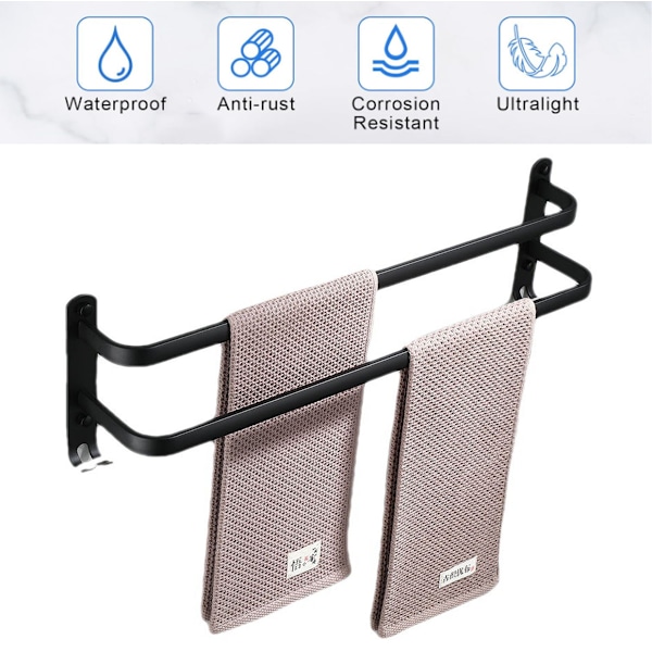 Badrumshandduksställ, Svart Väggmonterade Handduksstänger för Dusch och Kök, Vattentäta Dörrstänger med Dubbelkrok Double Bars 60cm