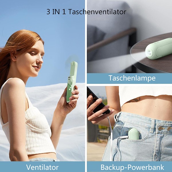 3-i-1 Handhållen fläkt, batteridriven, minfläktar, USB-laddningsbar, liten fickfläkt [14-21 timmars drifttid] med powerbank, ficklampsfunktion, ljus