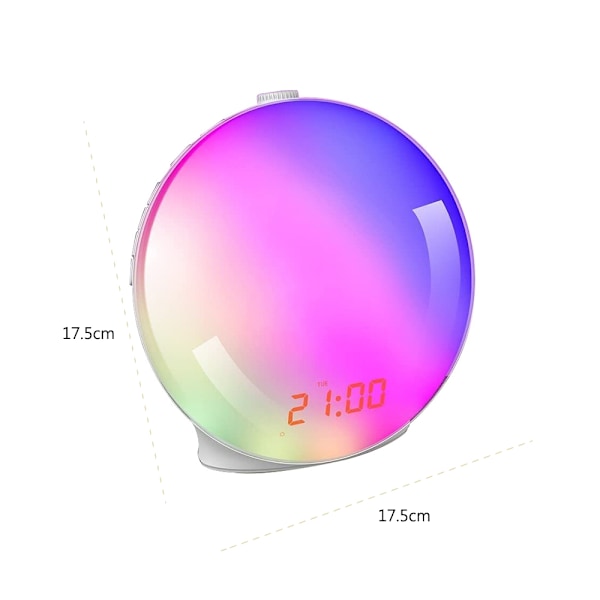 Väckarklocka med soluppgångs- och solnedgångssimulering, två alarm, 7 naturliga ljud, FM-radio, snooze-funktion och 20 ljusstyrkor, natt