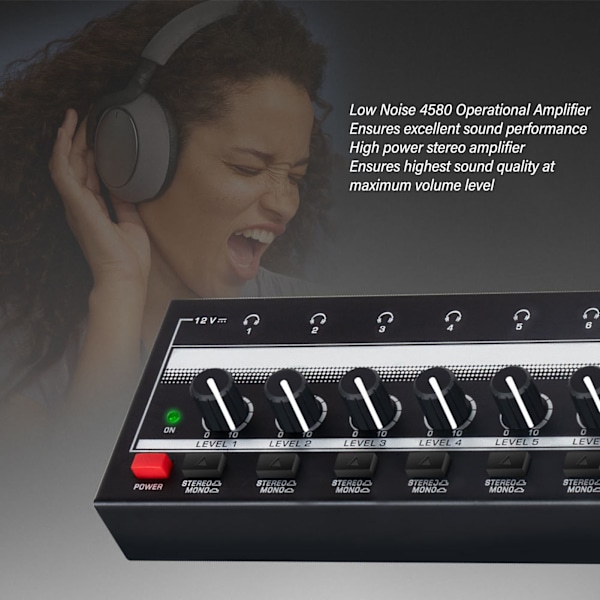 Stereo Hörlursförstärkare 8 Utmatning 1 Ingångskanal Klart Ljud Kompakt Metall Headset Förstärkare för Studio Scen 100‑240V,EU-kontakt