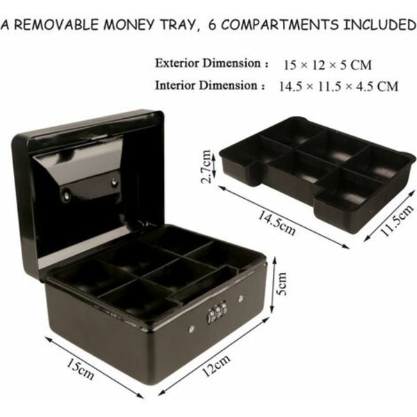 Liten kassaskrin med kombinationslås - Kassaskrin i hållbar metall med låsbart fack, 15 × 12 × 8 cm