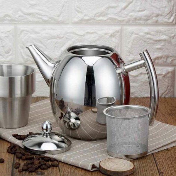 1000ml/34oz Tekanna Vattenkokare, Rostfritt Stål Tekanna Filter Kaffetillverkare (Silver)