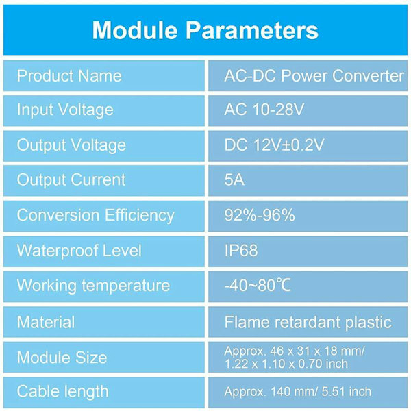 AC-DC-strömförsörjningsomvandlare AC 12V (10-28V) till DC 12V reducerad spänningsomvandlare, IP68 vattentät buck-omvandlarmodul spänningsregulator, motor, 5A