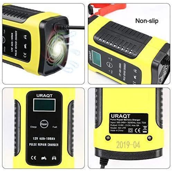 Smart bilbatteriladdare 6A 12V Bärbar bilbatteriladdare Underhållare för bil/motorcykel/marin Helt automatisk LCD-fordonsunderhåll