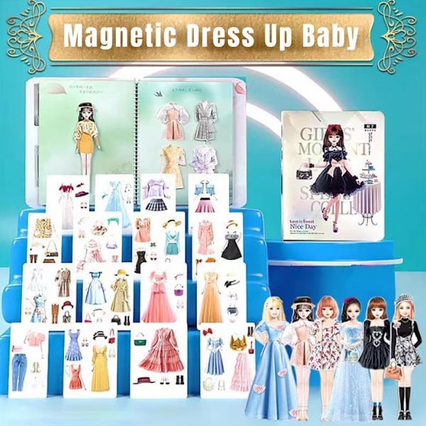 Magnetisk prinsessdocka med kläder, magnetklädspel, reseleksak med magnetiska kläder och låtsaslek för flickor, medium Jeansie
