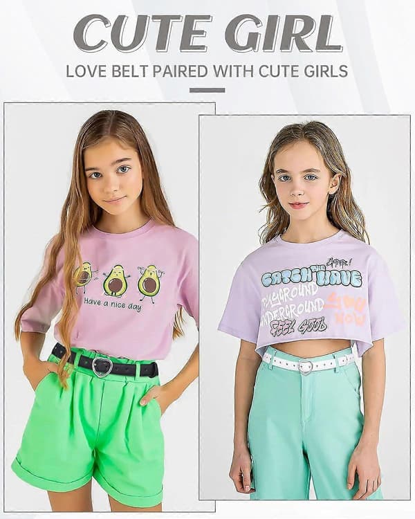 2-pack läderbälte för flickor, med hjärtformat spänne för byxor och klänning White and Pink
