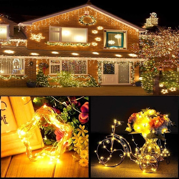2 x 10m batteridrevne LED-lyskæder 100 LED-pærer Timerfunktion med fjernbetjening IP65 til julbryllupsfest Hjemmehave Yellow light