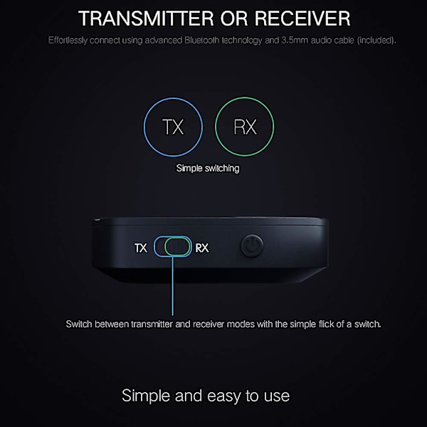Bluetooth 5.0 Sender/Mottaker, 2-i-1 Bluetooth Adapter for TV/Bilsystem