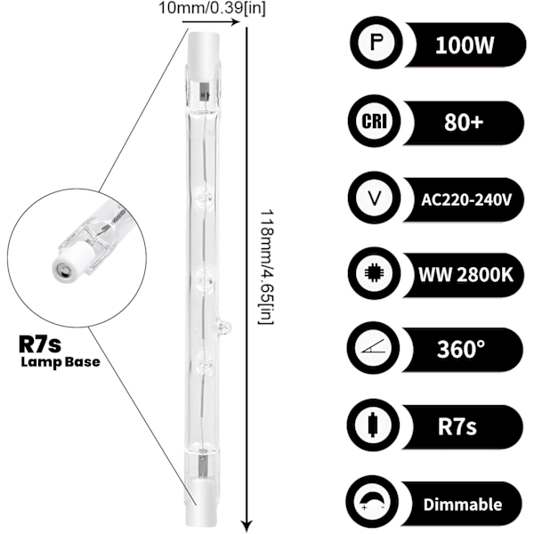 100W 118mm R7s himmennettävä halogeenivalolamppu lämmin valkoinen 2800K (5-pakkaus)