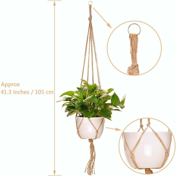 Sæt med 4 macramé plantehængere - reb plantepotteholdere, hængende plantehængere til indendørs og udendørs havedekoration - 2 stk. 105 cm og 2 stk. 90 cm