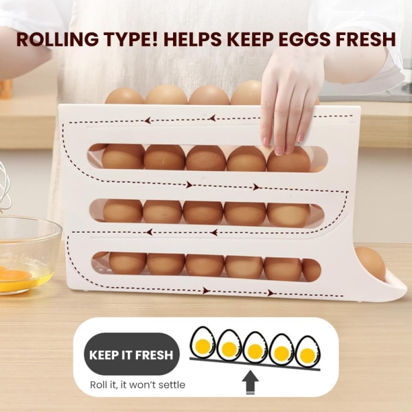 4-etasjes eggestativ for kjøleskap, automatisk rullende kjøleskapsarrangør, 30 eggdispenser kjøleskap, plassbesparende eggdispenserholder White