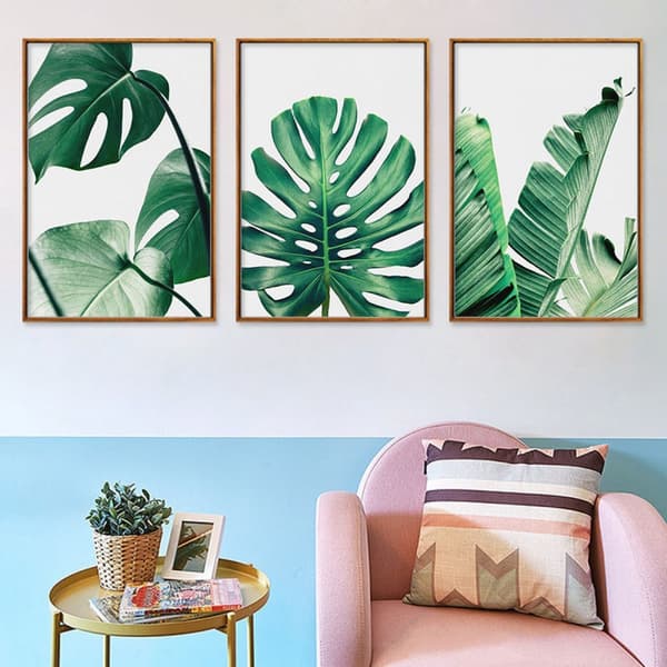 Wekity Botaniska Väggkonst Tryck Set om 3 Tropiska Blad Canvas Dekor Växtblad Boho Väggdekor Bilder Gröna Boho Affischer Konst Set Badrum Vägg A
