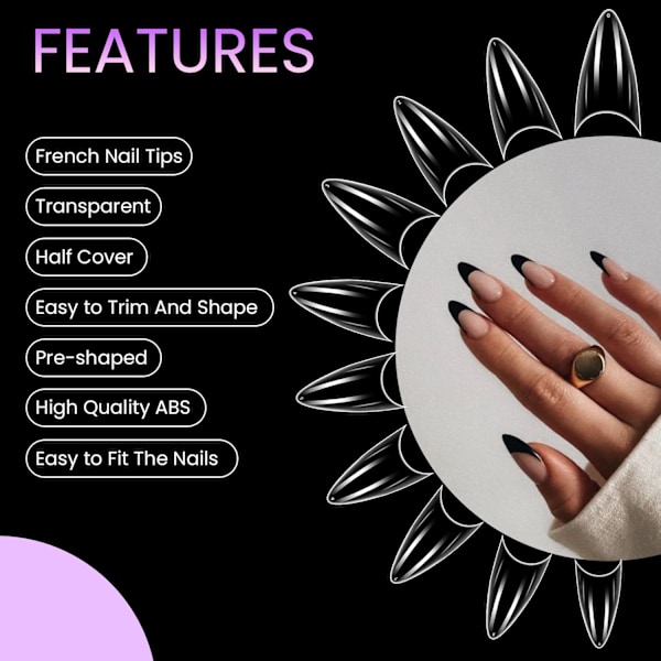 500 stk. Stiletto-formede korte negletips til akryl, klare halv-cover-formede negletips, franske transparente negletips, tryk på falske kunstige negle, 12 størrelser