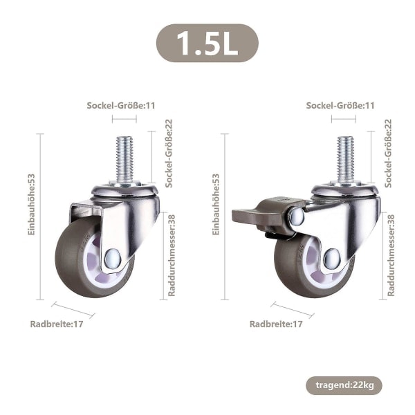 M8 Gevindstang Gummi Robuste Hjul til Vogn, Arbejdsbord, Møbler, 1,5 Tommer, Gevinddiameter: 8 mm, Længde 20 mm, 2 stk