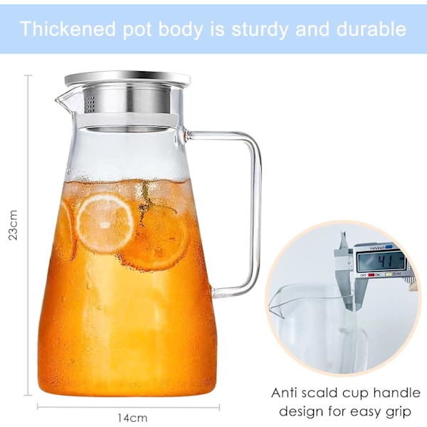 2,3 liters glaskaraffel med låg og håndtag, klar is-kande til varmt og koldt vand, til hjemmelavet drik/iste/vin/kaffe/mælk/juice