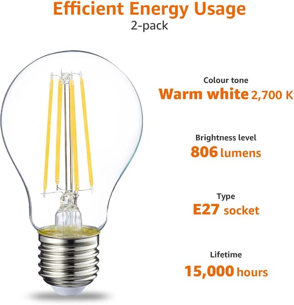 2-pack LED-lampor Edison Skruvsockel E27 8W 60W Ekvivalent Klar Filament Ej Dimbar Varmvit