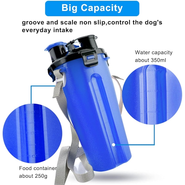Hundevandflaske med 2 sammenleggbare skåler Bærbar 2 i 1 vannflaske og mat til hunder Katt Kjæledyr Reiseflaske for turer, trening, fotturer, camping (Blå)