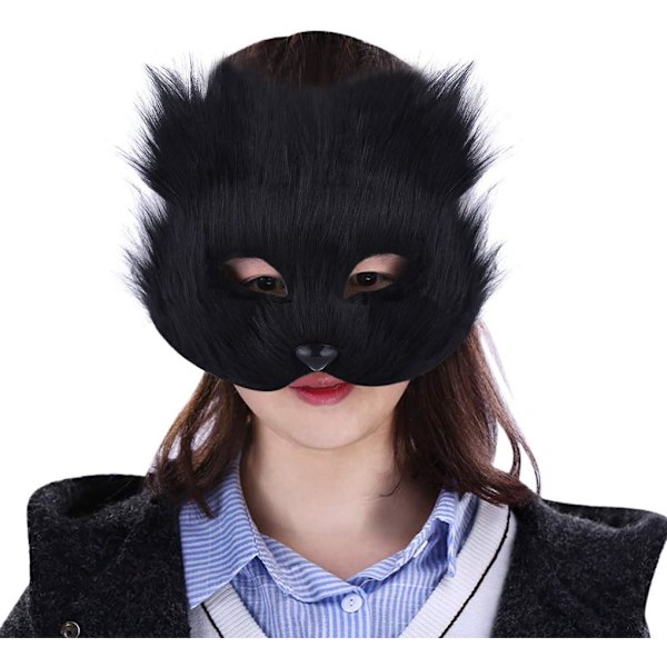 Rævemaske Halloween Cosplay Maske Halvt Ansigt Slør Øjenmaske Lodden Ræve Kostume Tilbehør Dyrefest Kattemasker Black