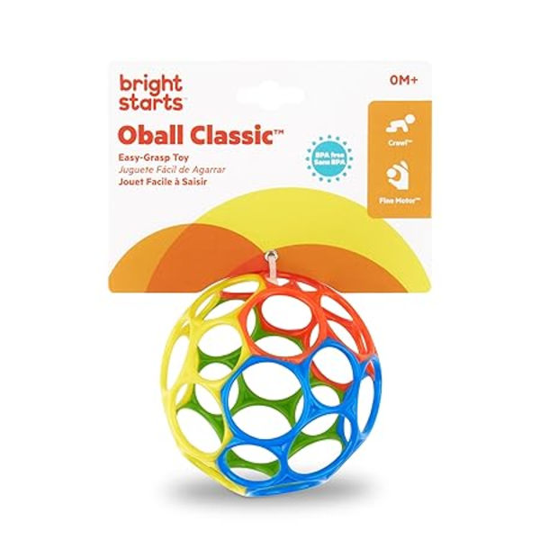 Bright Starts Oball Easy Grasp Classic -pallo, BPA-vapaa vauvan lelu punainen, keltainen, vihreä, sininen, vastasyntyneestä ylöspäin, 4 tuumaa