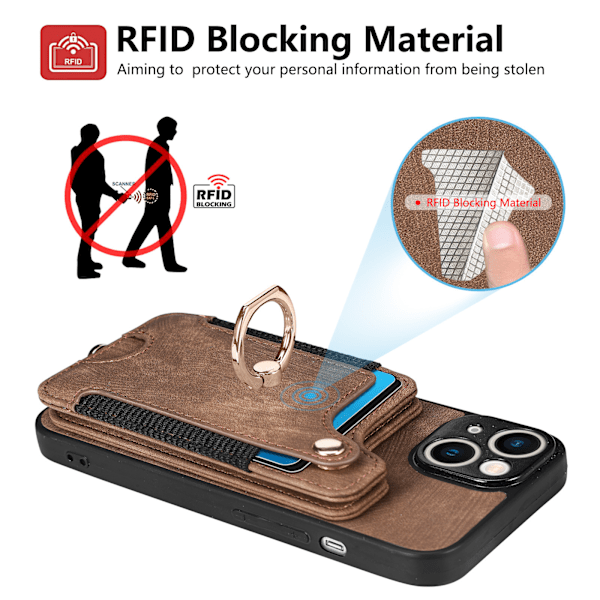 Passer til iPhone mobiltelefon læderetui RFID anti-tyveri børste ring spænde snor multifunktion kortlomme Brun [Med læder snor] Brown [With Leather Lanyard]] iPhone 14 Pro Max