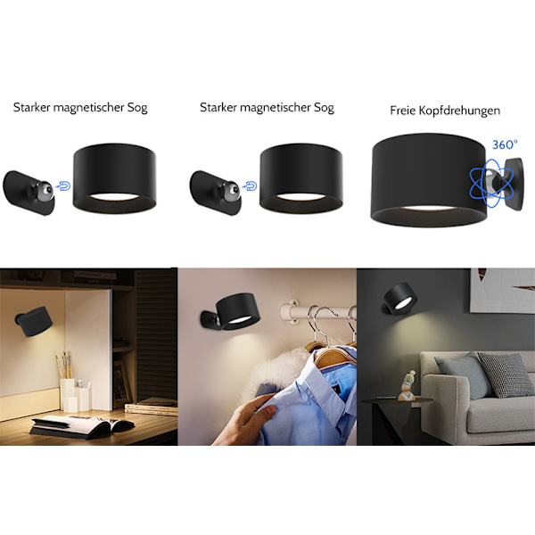 Væglampe LED Væglampe Genopladeligt Batteri Væglampe med 3 Farvetilstande 3 Lysstyrkeniveauer, 360° Rotation Magnetisk Kugle Touch Control, Indendørs W Black