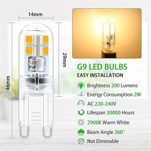 G9 LED-lampor, 2W 180lm, motsvarande 20W halogen, varmvit 2900k, G9 sockel LED-lampa, energibesparande LED-lampor, AC 220-240V, ej dimbar (förpackning[mo]