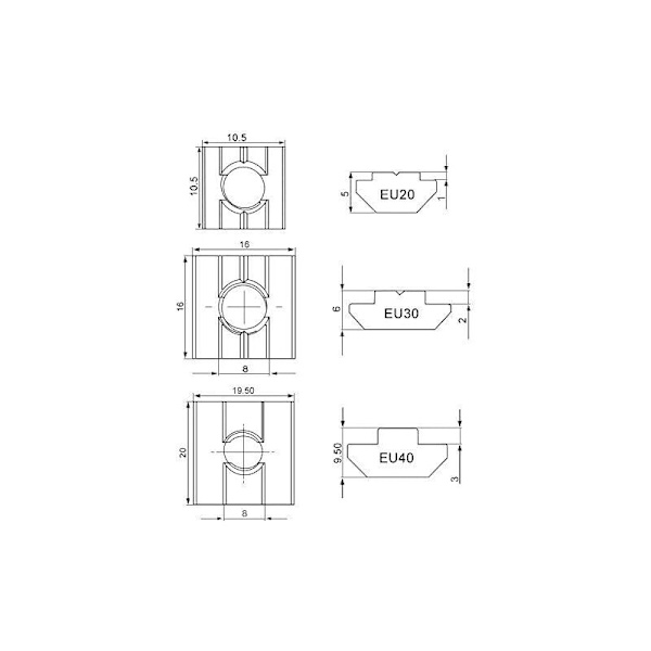 Set med 50 glidande T-muttrar, europeisk standard, förnicklad yta av kolstål för aluminiumprofiler (EU30-M5)