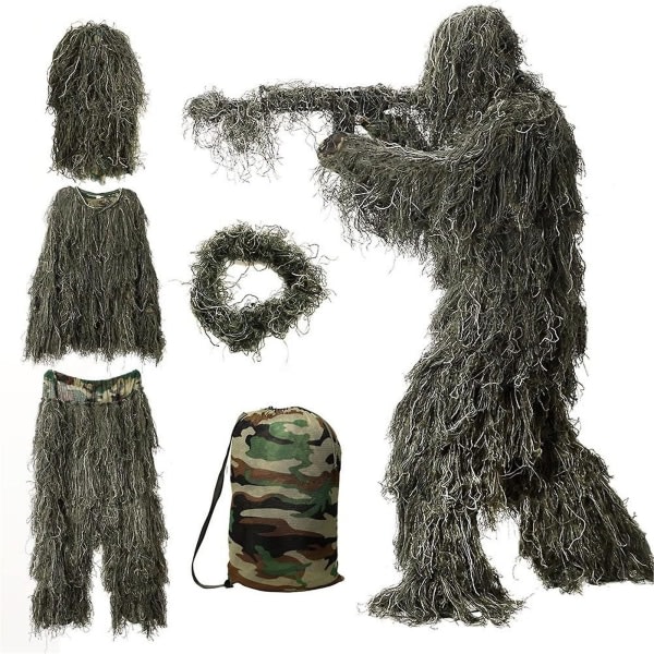 5 i 1 Ghillie-drakt, 3D kamuflasjejaktklær inkludert jakke, bukse, lue, bæreveske Grønn 1,6m