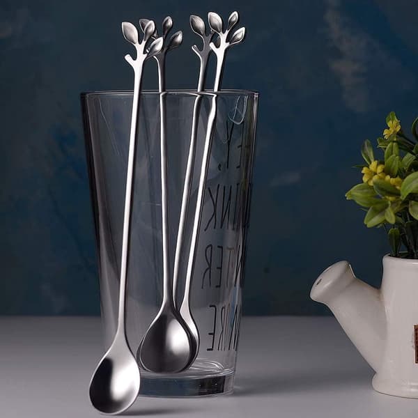 6-pack Eleganta Silver Leaf Teskedar med Långt Skaft - 7,4\" Rostfritt Stål Rörskedar för Kaffe & Te