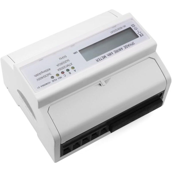 LCD kWh energimätare, 7 siffror, 3 x 20 (80) A, 3 x 230/400 V, 50 Hz, trefas, fyrtråds, DIN-skena, kWh, DIN-skena