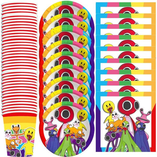 60 stk/pakke Rainbow Friends Tegneserietema Kopper Tallerkener Servietter Børnegaver Dekorationer Sæt Fødselsdagsfest Begivenhedsforsyninger