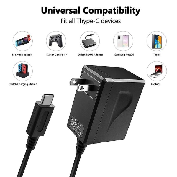 AC-adapter til Nintendo Switch - 15V 2.6A hurtigoplader - kompatibel med Nintend Switch Dock/controller - understøtter tv-tilstand