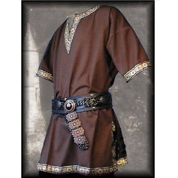 Medeltida renässansdräkter Män Adelsman Tunika Viking Aristokrat Chevalier Knight Warrior Halloween Cosplay Kostymer Inget bälte Brown