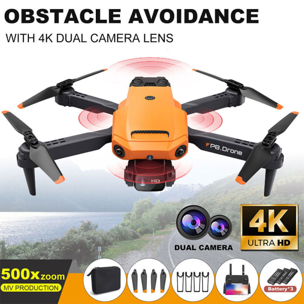 3 batterier Drone Pro 4K HD Selfie-kamera WIFI FPV GPS hopfällbar RC Quadcopter Orange