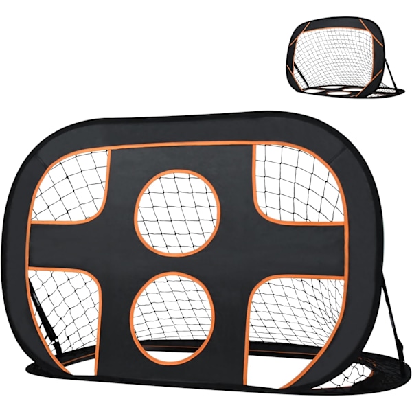 2-i-1 Barnefotballmål – Fotballmål med vegg – Sammenleggbart fotballmål Pop-up fotballtreningsmål – 121 x 80 x 80 cm Svart + Oransje