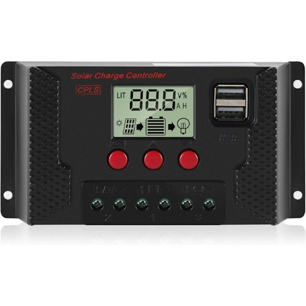 30A laderegulator, solpanel laderegulator, automatisk identifikation, 12V/24V, med LCD-display og 5V USB-port