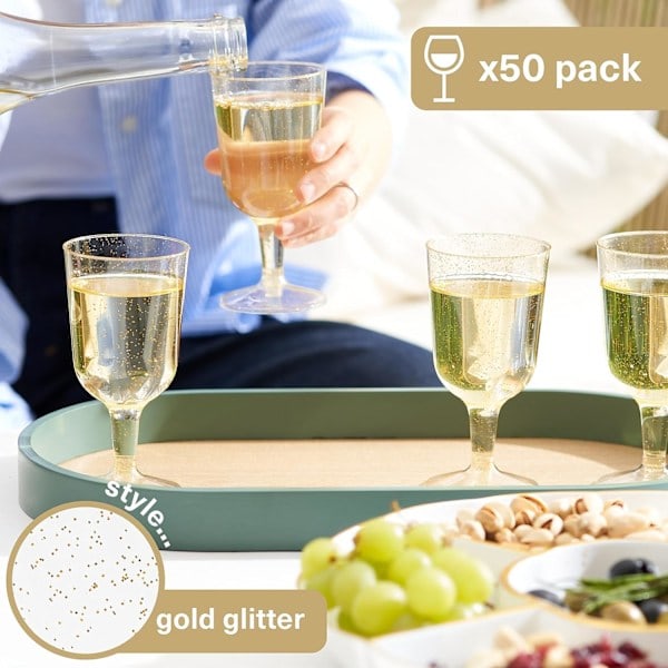 50 klara hårda plastvinglas med guldglitter (170 ml) - robusta, återanvändbara - födelsedag, bröllop, jul, nyårsfest, party {GKS}
