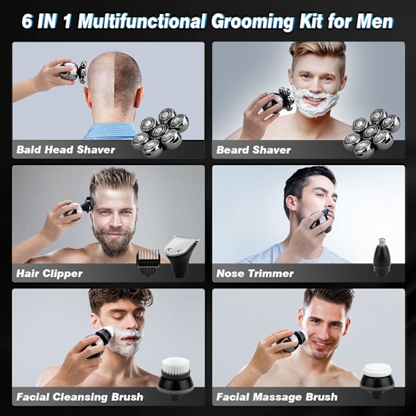 7D skalhovedbarbermaskine til mænd, Beedove 6 i 1 våd/tør elektrisk barbermaskine til ansigt og hoved