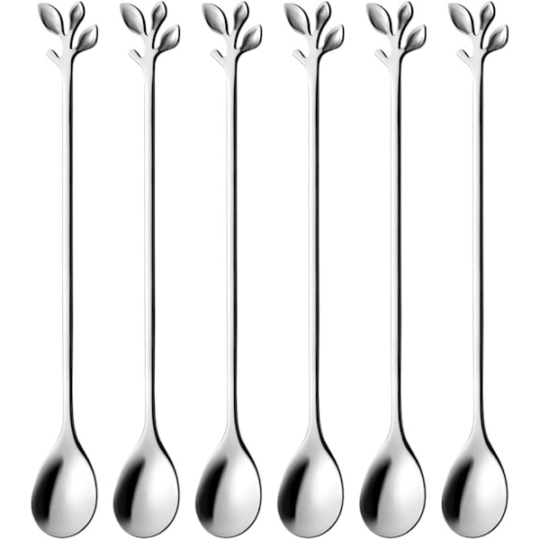 6-pack Eleganta Silver Leaf Teskedar med Långt Skaft - 7,4\" Rostfritt Stål Rörskedar för Kaffe & Te