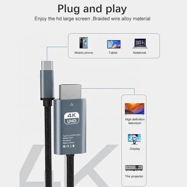4k 30Hz HDMI Projeksjonskabel USB Type C til HDMI Kabel 2