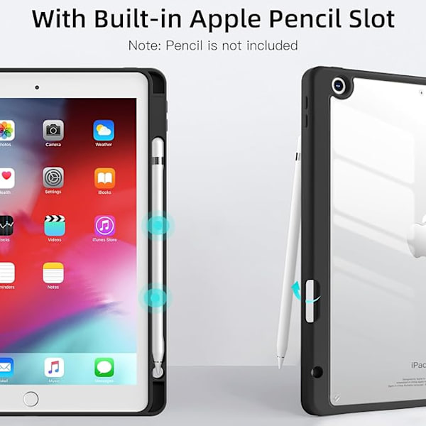 Wenlaty Kompatibel med iPad 9:e/8:e/7:e generationens fodral (2021/2020/2019), genomskinligt fodral designat för iPad 10,2 tum, automatisk sömn/väckning Svart