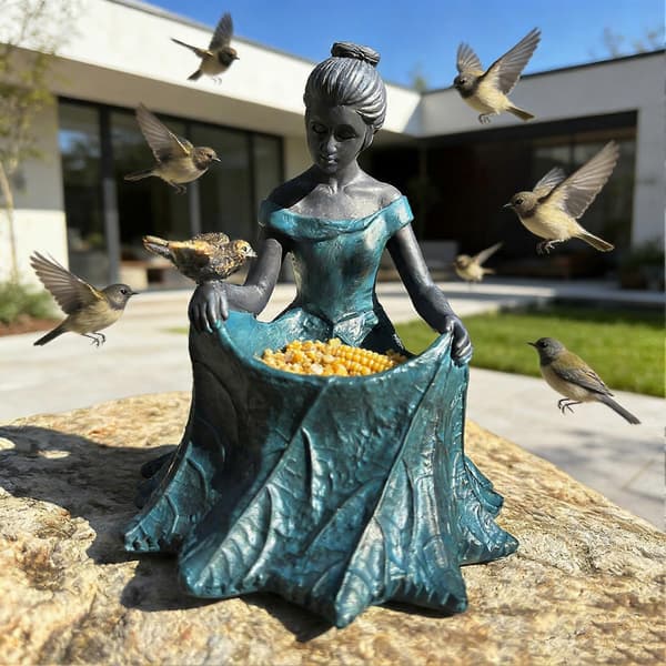 Fehave Statue Fuglefoderbræt Og Fuglebad Harpiks Udendørs Dekorativ Pigeskulptur til Haven A